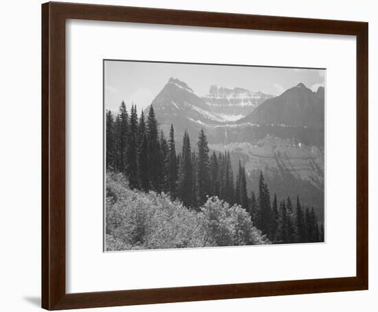 Trees And Bushes In Foreground Mountains In Bkgd "In Glacier National Park" Montana. 1933-1942-Ansel Adams-Framed Art Print