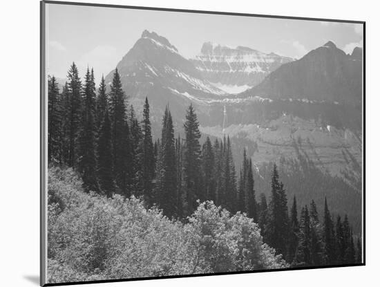 Trees And Bushes In Foreground Mountains In Bkgd "In Glacier National Park" Montana. 1933-1942-Ansel Adams-Mounted Art Print