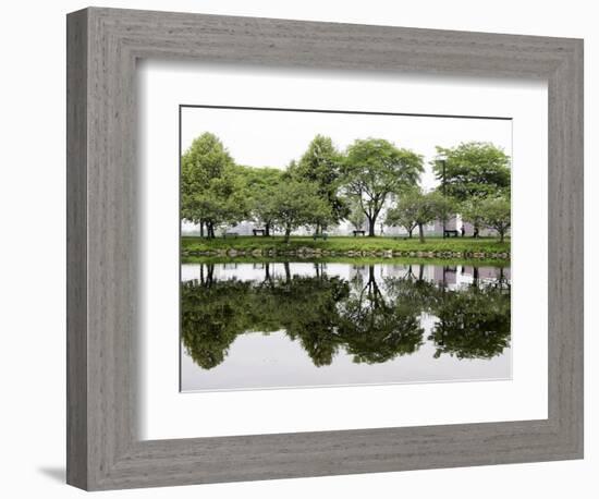 Trees are Reflected in Still Water on the Esplanade Along the Charles River in Boston-null-Framed Photographic Print