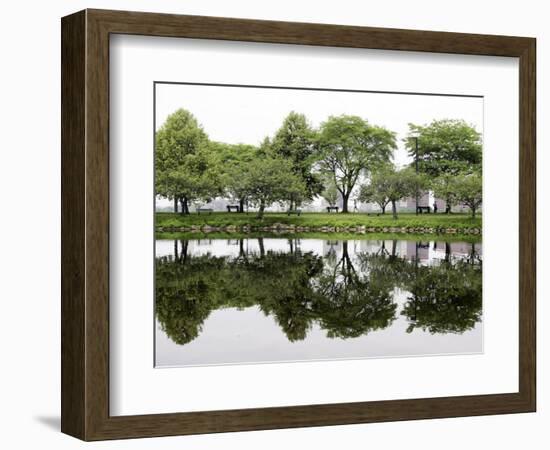 Trees are Reflected in Still Water on the Esplanade Along the Charles River in Boston-null-Framed Photographic Print