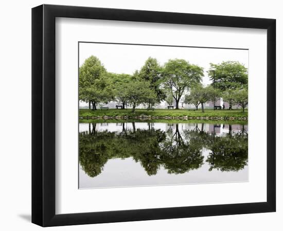 Trees are Reflected in Still Water on the Esplanade Along the Charles River in Boston-null-Framed Photographic Print