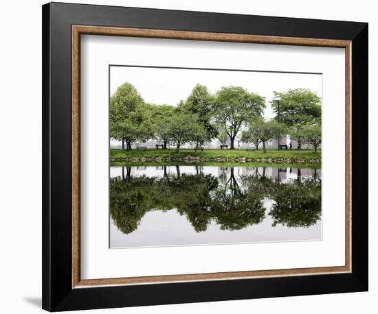 Trees are Reflected in Still Water on the Esplanade Along the Charles River in Boston-null-Framed Photographic Print