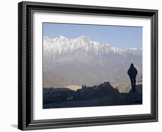 Trekker at Dawn Looking out Over the Old Fortified Village of Jharkot on the Annapurna Circuit Trek-Don Smith-Framed Photographic Print