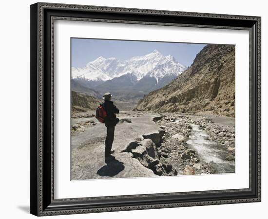 Trekker Enjoys the View on the Annapurna Circuit Trek, Jomsom, Himalayas, Nepal-Don Smith-Framed Photographic Print