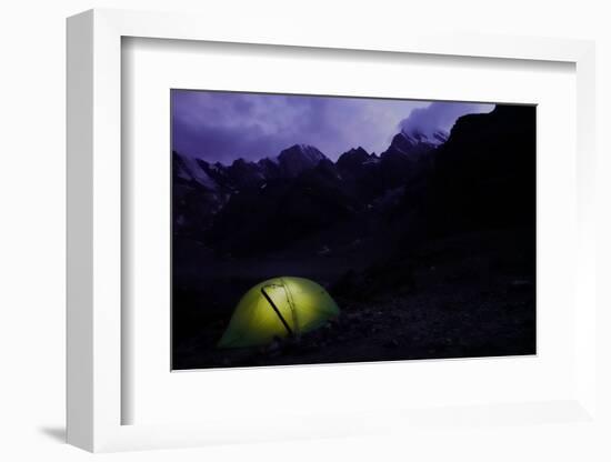 Trekker's tent lit inside at night in the remote and spectacular Fann Mountains, Tajikistan-David Pickford-Framed Photographic Print