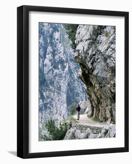 Trekker Walks the Trail Through the Cares Gorge, One of the Most Popular Walks in Spain-John Warburton-lee-Framed Photographic Print
