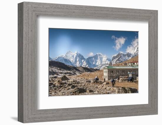 Trekkers and yaks in Lobuche on a trail to Mt. Everest.-Lee Klopfer-Framed Photographic Print