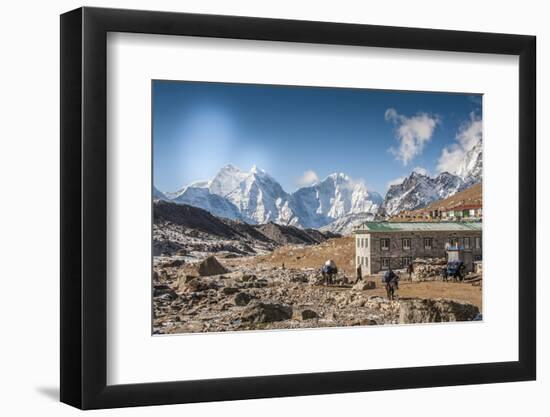 Trekkers and yaks in Lobuche on a trail to Mt. Everest.-Lee Klopfer-Framed Photographic Print