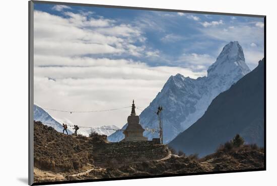 Trekkers Near a Chorten in the Everest Region with the Peak of Ama Dablam in the Distance-Alex Treadway-Mounted Photographic Print