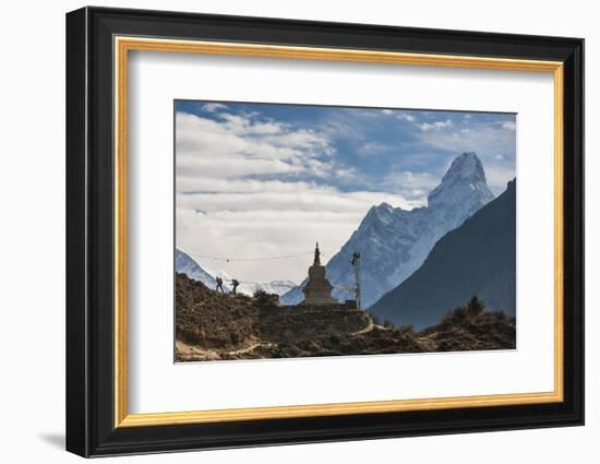 Trekkers Near a Chorten in the Everest Region with the Peak of Ama Dablam in the Distance-Alex Treadway-Framed Photographic Print