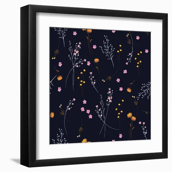 Trendy Wild Blowing Floral Pattern in the Many Kind of Flowers. Modern Wild Botanical Seamless Vect-MSNTY-Framed Art Print