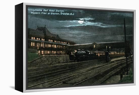 Trenton, New Jersey - Penn Railroad Station, Western Flier at Night-Lantern Press-Framed Stretched Canvas