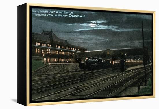 Trenton, New Jersey - Penn Railroad Station, Western Flier at Night-Lantern Press-Framed Stretched Canvas