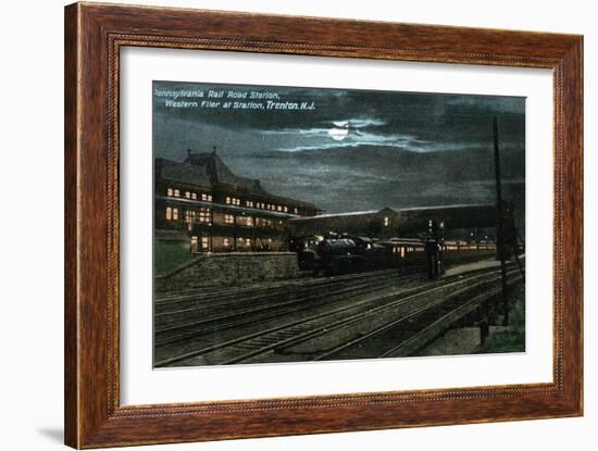 Trenton, New Jersey - Penn Railroad Station, Western Flier at Night-Lantern Press-Framed Art Print