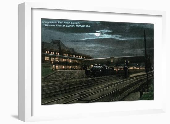 Trenton, New Jersey - Penn Railroad Station, Western Flier at Night-Lantern Press-Framed Art Print