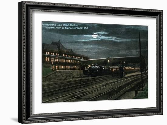 Trenton, New Jersey - Penn Railroad Station, Western Flier at Night-Lantern Press-Framed Art Print