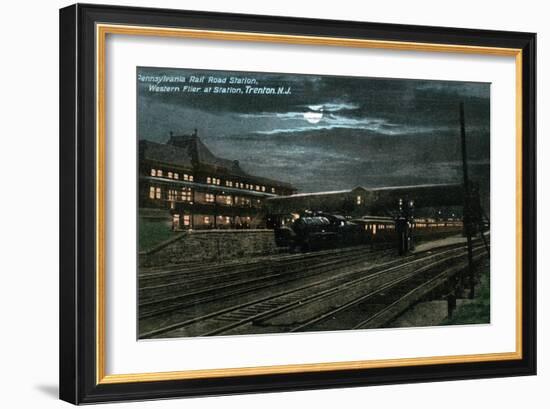 Trenton, New Jersey - Penn Railroad Station, Western Flier at Night-Lantern Press-Framed Art Print