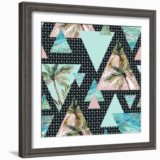 Triangles with Palm Tree Leaf and Grunge Texture-tanycya-Framed Premium Giclee Print