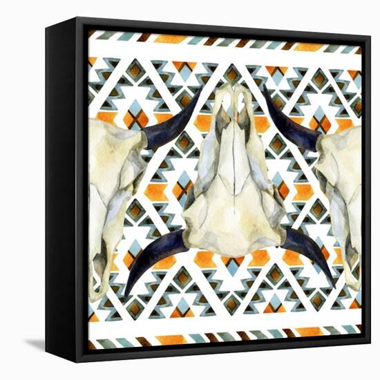 Tribal Geometric Buffalo Skull-tanycya-Framed Stretched Canvas