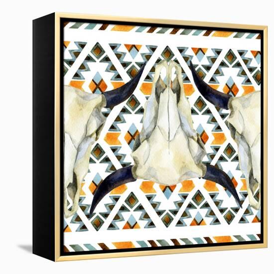 Tribal Geometric Buffalo Skull-tanycya-Framed Stretched Canvas