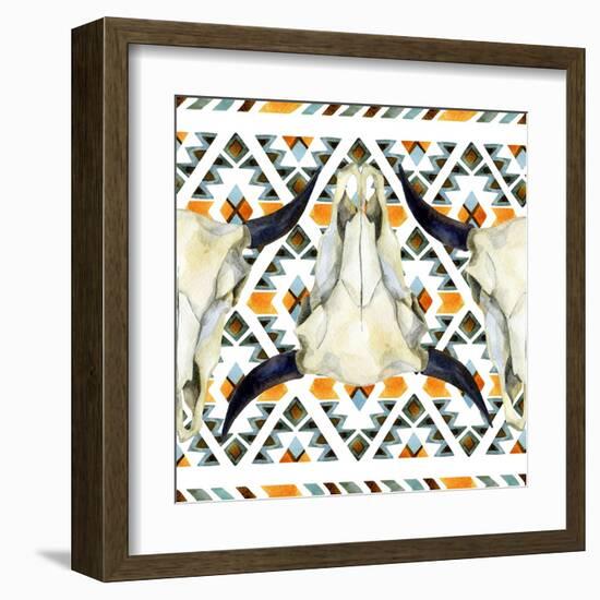 Tribal Geometric Buffalo Skull-tanycya-Framed Art Print