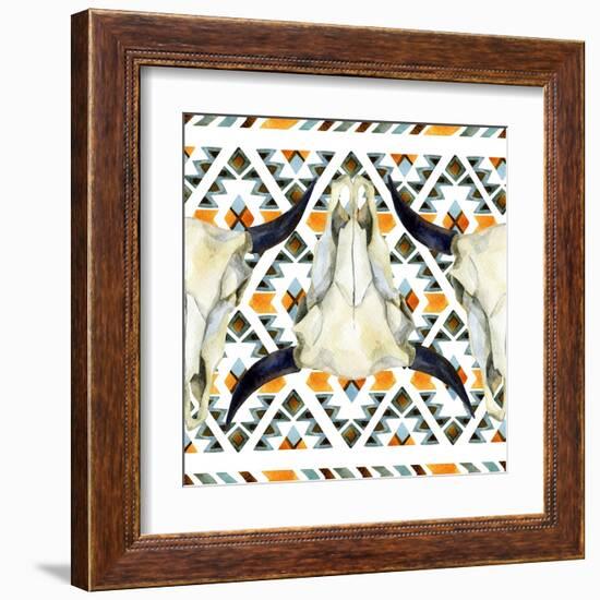 Tribal Geometric Buffalo Skull-tanycya-Framed Art Print