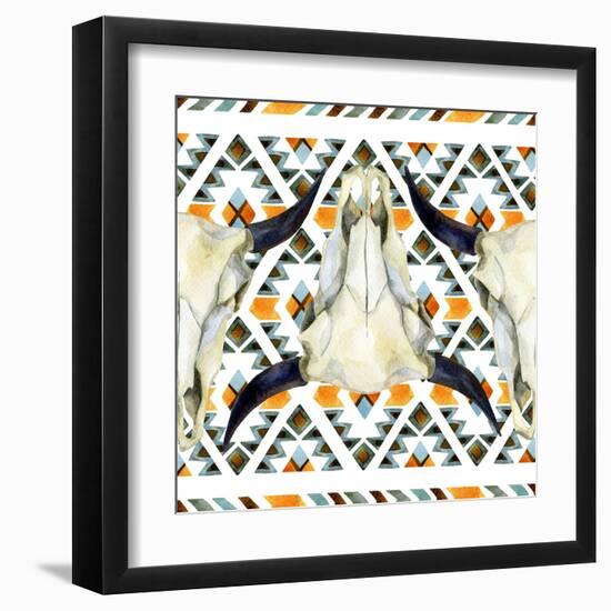 Tribal Geometric Buffalo Skull-tanycya-Framed Art Print