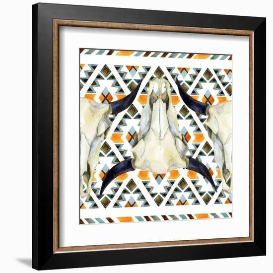 Tribal Geometric Buffalo Skull-tanycya-Framed Art Print