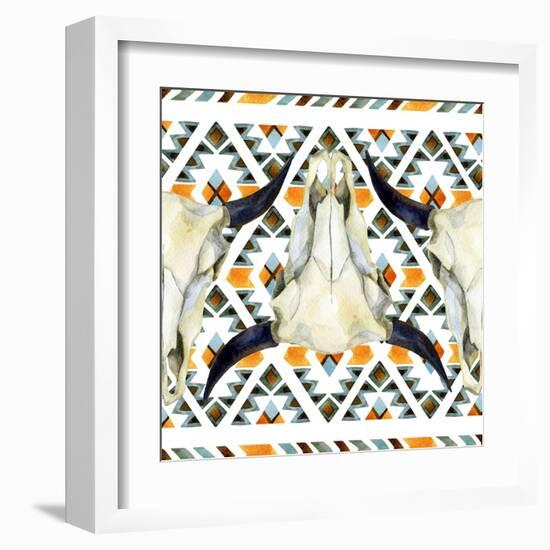 Tribal Geometric Buffalo Skull-tanycya-Framed Art Print