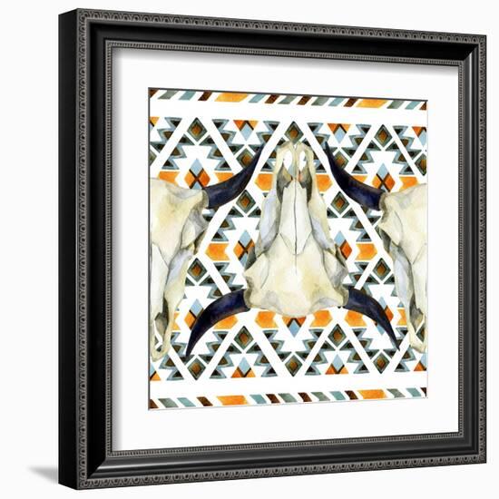 Tribal Geometric Buffalo Skull-tanycya-Framed Art Print