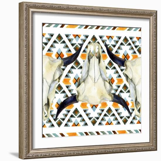 Tribal Geometric Buffalo Skull-tanycya-Framed Art Print