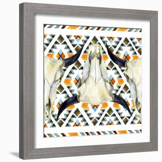 Tribal Geometric Buffalo Skull-tanycya-Framed Art Print