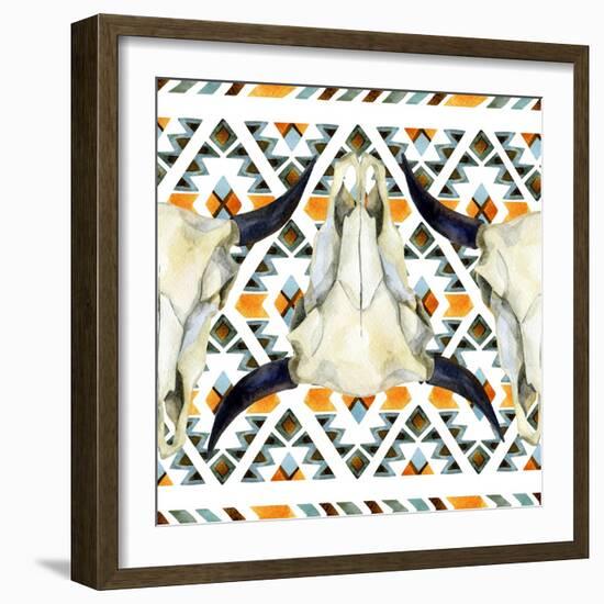 Tribal Geometric Buffalo Skull-tanycya-Framed Art Print