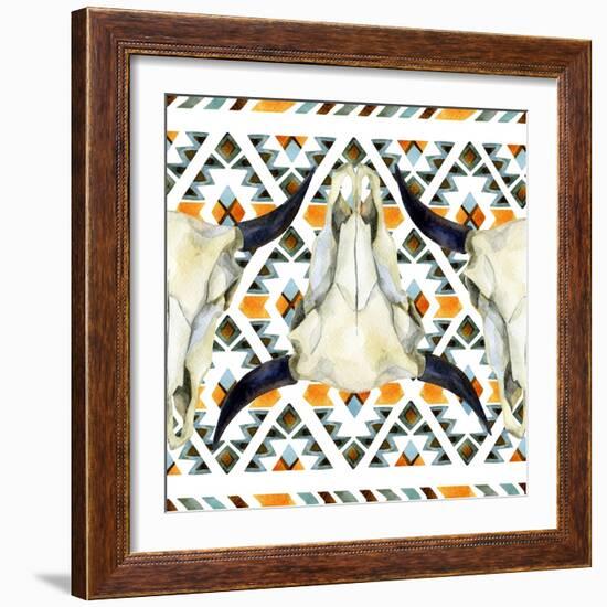 Tribal Geometric Buffalo Skull-tanycya-Framed Art Print