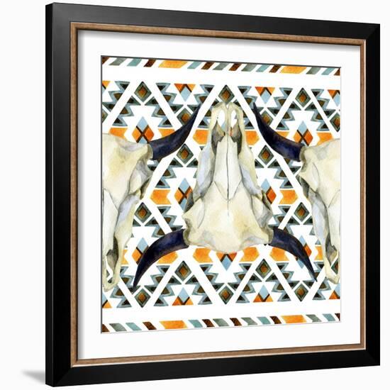 Tribal Geometric Buffalo Skull-tanycya-Framed Art Print