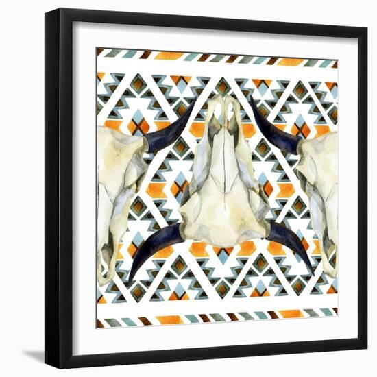 Tribal Geometric Buffalo Skull-tanycya-Framed Art Print