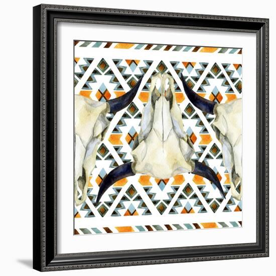 Tribal Geometric Buffalo Skull-tanycya-Framed Art Print