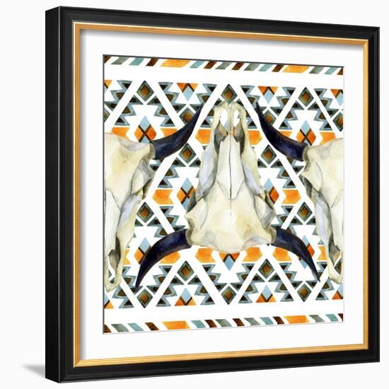 Tribal Geometric Buffalo Skull-tanycya-Framed Art Print