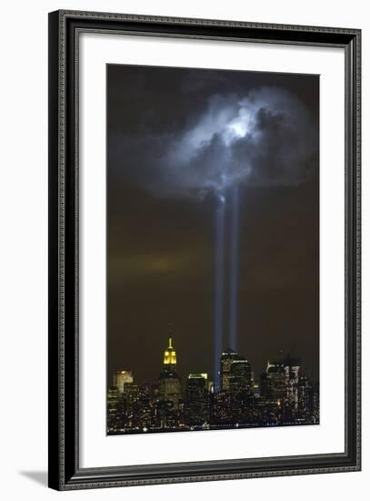 Tribute in Light Memorial Illuminates a Passing Cloud Above Lower Manhattan-null-Framed Photo