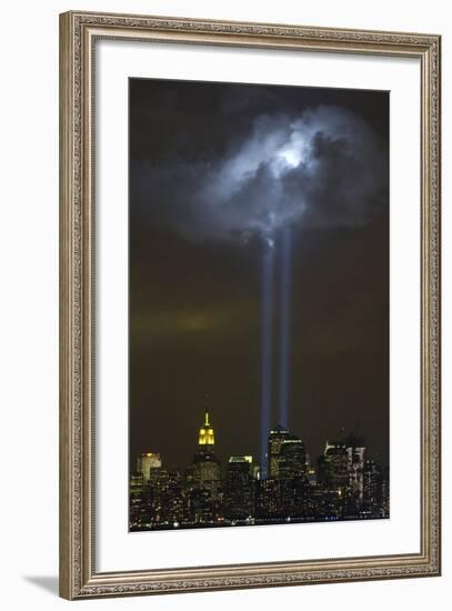 Tribute in Light Memorial Illuminates a Passing Cloud Above Lower Manhattan-null-Framed Photo