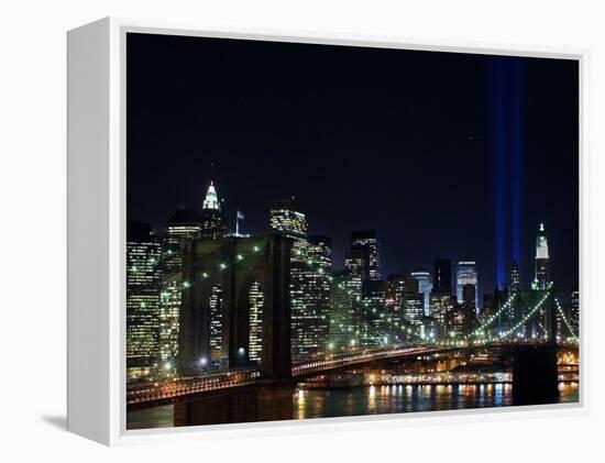 Tribute to Victims of World Trade Center Terrorist Attacks Lights Up the Sky Above Manhattan-null-Framed Premier Image Canvas