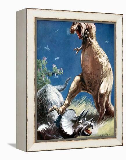 Triceratops, a Horned Dinosaur, Held Down by a Tyrannosaur, C1920-null-Framed Premier Image Canvas