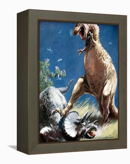 Triceratops, a Horned Dinosaur, Held Down by a Tyrannosaur, C1920-null-Framed Premier Image Canvas