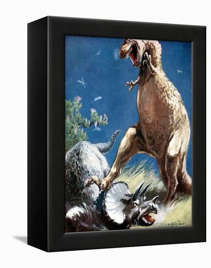 Triceratops, a Horned Dinosaur, Held Down by a Tyrannosaur, C1920-null-Framed Premier Image Canvas