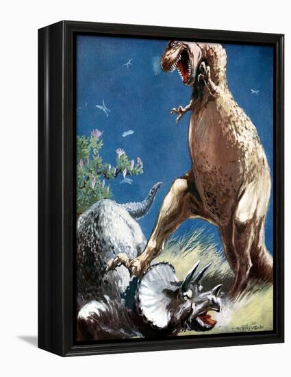 Triceratops, a Horned Dinosaur, Held Down by a Tyrannosaur, C1920-null-Framed Premier Image Canvas
