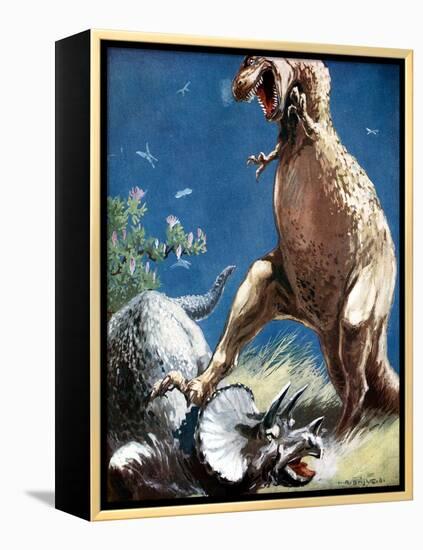 Triceratops, a Horned Dinosaur, Held Down by a Tyrannosaur, C1920-null-Framed Premier Image Canvas