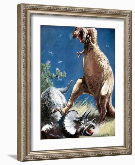 Triceratops, a Horned Dinosaur, Held Down by a Tyrannosaur, C1920-null-Framed Giclee Print