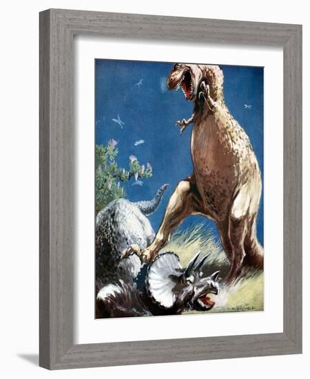 Triceratops, a Horned Dinosaur, Held Down by a Tyrannosaur, C1920-null-Framed Giclee Print