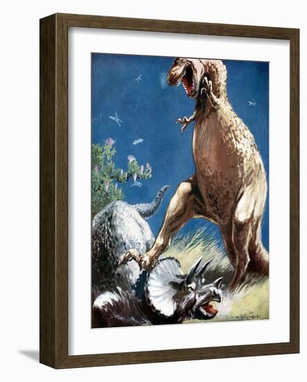 Triceratops, a Horned Dinosaur, Held Down by a Tyrannosaur, C1920-null-Framed Giclee Print