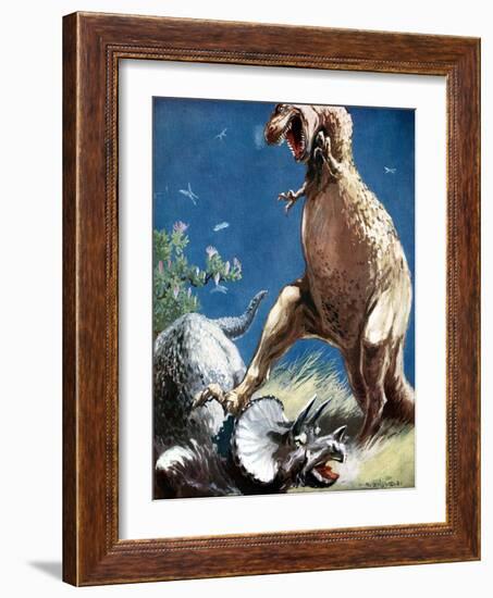 Triceratops, a Horned Dinosaur, Held Down by a Tyrannosaur, C1920-null-Framed Giclee Print
